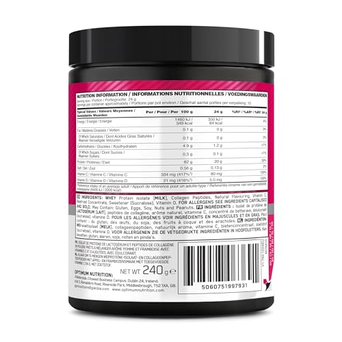Optimum Nutrition Apfel-Himbeer-Geschmack: Fertiges Molkenprotein-Isolat und Kollagenpeptid-Pulver mit Vitamin C und D, mit Süßungsmitteln, 10 Portionen, 240 g