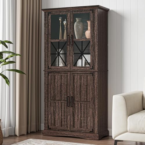 69-Tall-Farmhouse-Storage-Cabinet-Retro-Display-Cabinet-with-RGB-Lights-Freestanding-Kitchen-Pantry-Cabinet-with-2-Glass-Door-Cabinets-for-Kitchen-Living-Room-Home-Office-Brown 69 Tall Farmhouse Storage Cabinet Retro Display Cabinet with RGB Lights Freestanding Kitchen Pantry Cabinet with 2 Glass Door Cabinets for Kitchen Living Room Home Office Brown