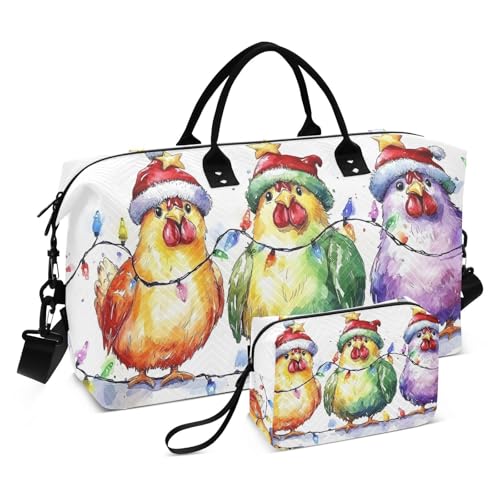 Large Travel Duffel Bag, Christmas Chicken Colorful Sport Tote Gym Bag, Shoulder Weekender Overnight Bag for Women Men, Carry On Luggage with Toiletry Bag
