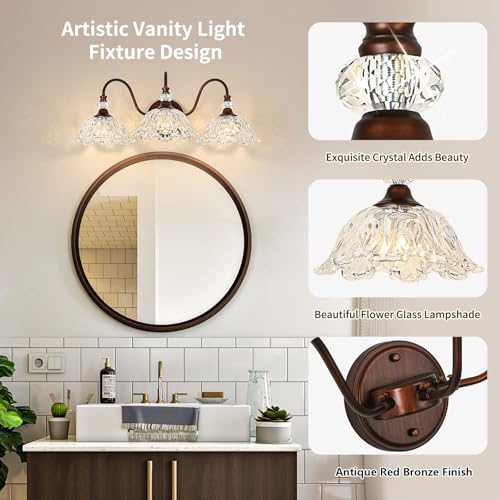 Image of Antique Red Bronze Finish Bathroom Vanity Light, 3-Light Vintage Vanity Light with Floral Clear Glass Shades, Retro Wall Mount Lighting for Bathroom, Dressing Table