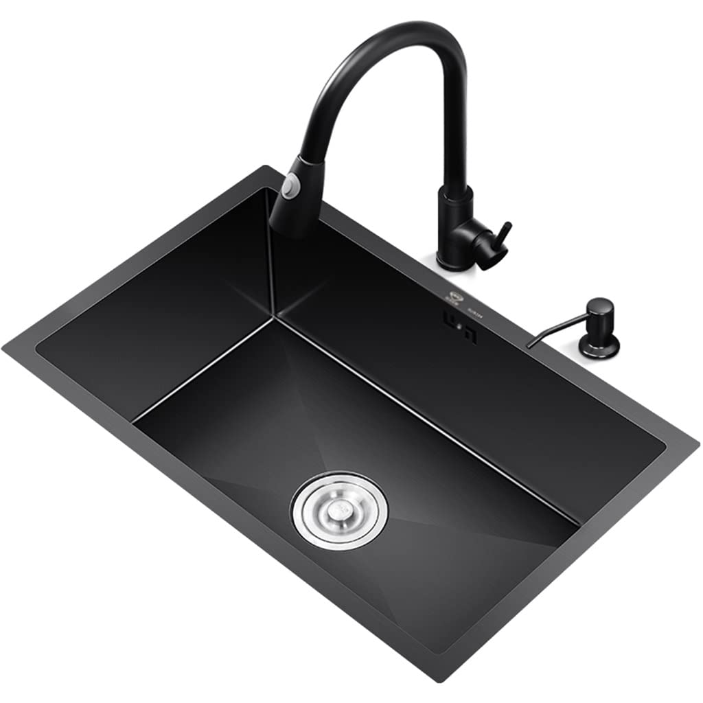Lavello Rettangolare da Bar da Cucina, lavello in Acciaio Inox con Vasca Singola, Nero, con Rubinetto e Scarico, Montaggio sopra o sottopiano (Nero 60x45x21 cm)