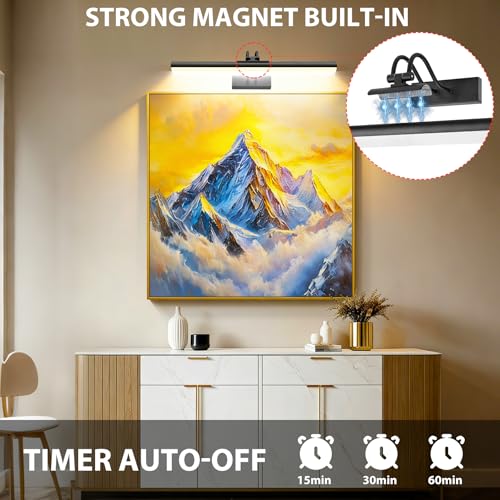 Image of Picture Light,Magnetic Wall Lights 5000mAh,16 inch Art Light for Painting,Black | Photo Lights for Wall Rechargeable,Remote Timer and Dimmer Gallery Light,Metal Gallery Light for Portrait Display Frame