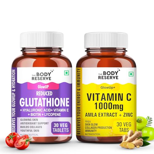 Image of The Body Reserve Japanese Reduced L-Glutathione 500mg with Vitamin C & Amla Extract | Skin Brightening Supplement | 30+30 Veg Capsules