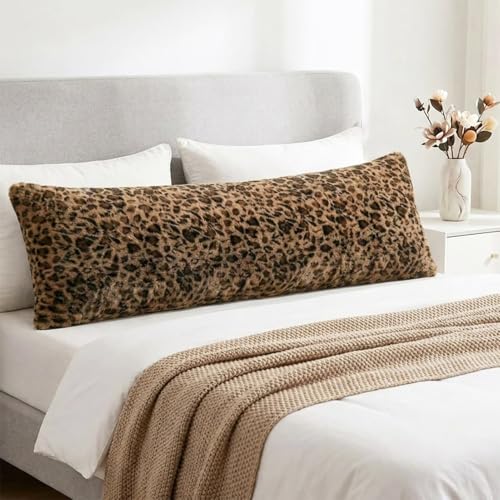 Leopard Body Pillow Cover 20x54 Inches - Brown Cheetah Faux Fur Fluffy Long Pillowcase with Zipper Soft Shaggy Plush Fuzzy Body Pillow Cover for Bed Sofa Couch Cozy Side Sleeper Pillow Cover