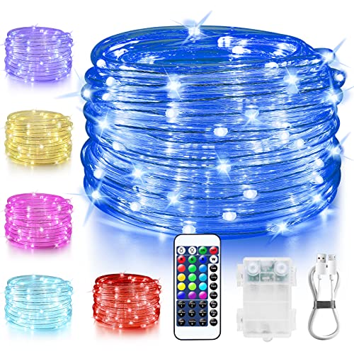 OMIKA Rope Lights Battery Operated Outdoor Lights, 33FT 100 LED 16 Color Changing Outdoor Rope Light USB Powered, Trampoline Lights Tube with 132 Modes Remote for Bedroom Balcony Garden Patio Decor