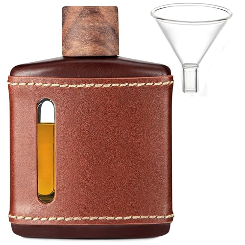Garybank Handmade Genuine Leather Hip Flasks for Liquor for Men, Fathers Day Flask Gifts Glass Whiskey with Funnel & Wood Lids Leakproof for Hennessy Liquor & Spirits, Premium Gifts Idea(Brown, 200ml)