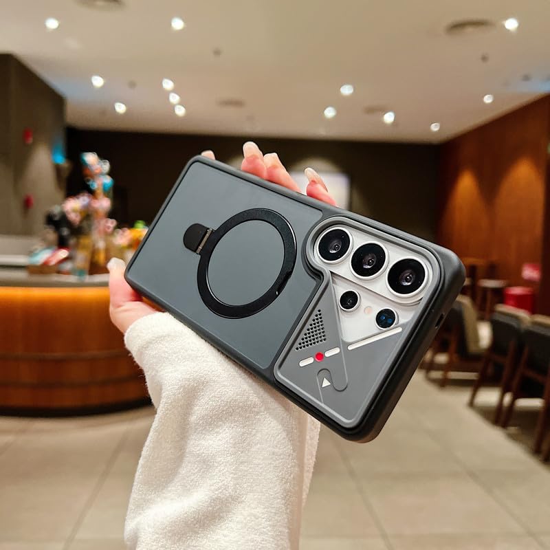 Image of LuxuryKase Magnetic Shockproof Case for Samsung Galaxy S26 Ultra | Foldable 110 Metal Ring Kickstand | Matte Finish | Futuristic Camera Shield Design | Slim Profile & MagSafe Compatible - Black