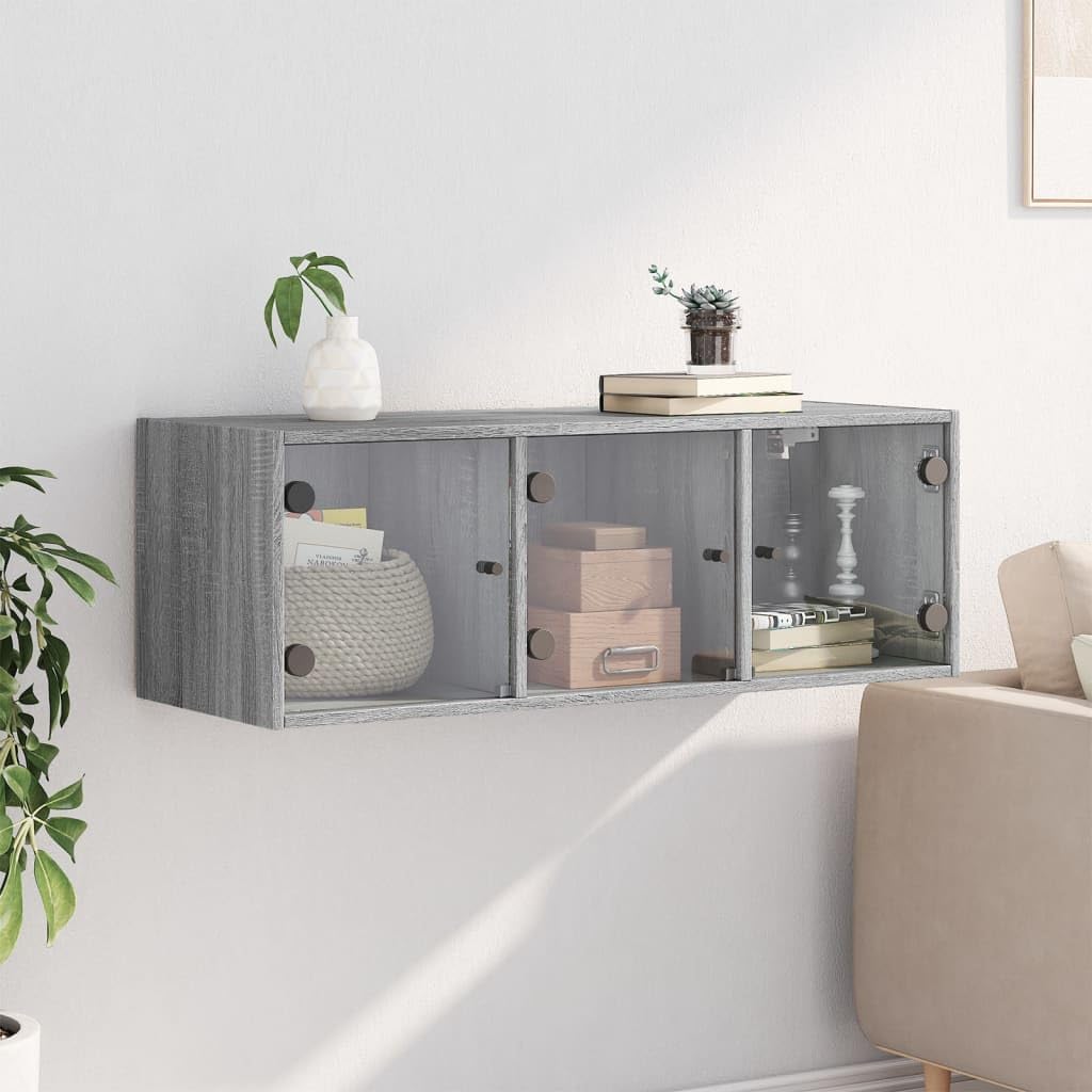 Wandschrank mit Glastüren, Grau Sonoma, 102x37x35 cm, robuster Holzwerkstoff, vielseitiger Büroschrank für stilvolle Aufbewahrung
