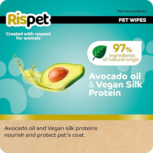 Rispet Hygienische und reinigende Tücher XL, Avocado und Seide, für das Fell von Hunden, Katzen und Haustieren, 54 Tücher (Packung mit 4)