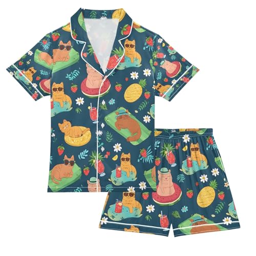 senya Summer Cat Vacation on Beach Satin Summer Pajama Sets Silk Short Sleeve Button Down Sleepwear