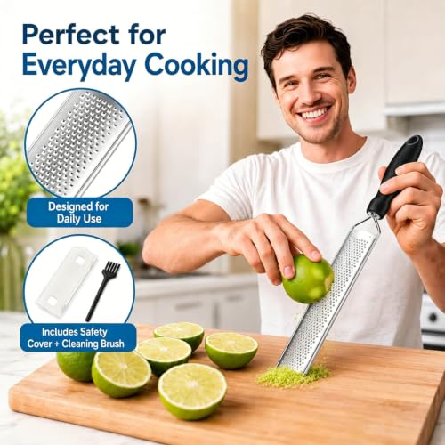 Image of Zester Grater, Lemon Zester Grater with Handle, Premium Stainless Steel Citrus Zester for Parmesan, Garlic, Chocolate, Ginger, Non-Slip Grip, Safety Cover & Cleaning Brush, Black