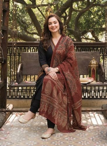 Image of ANNI Designer Women's Rayon Viscose Straight Embroidered Kurta with Pant and Dupatta | V-Neck Kurti Set | 3 /4 Length Regular Sleeves | Soft Comfortable Fabric | 3 Piece Outfit
