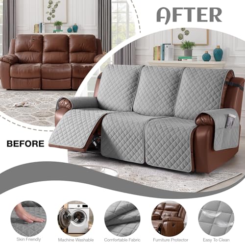 Image of KinCam 100% Waterproof Recliner Sofa Covers, Non-Slip Reclining Couch Covers for 3 Seat, Recliner Couch Cover Furniture Protector with Elastic Straps for Pets, Kids, Light Gray