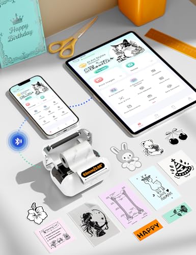 Memoking Tiny Printer mit 3 Aufkleberpapier Rollen, MiniDrucker für Smartphone, Tragbarer Mini Thermodrucker Q02E Bluetooth Mini Drucker Belegdrucker für Studiennotizen, Fotos, Erstellung, Geschenke