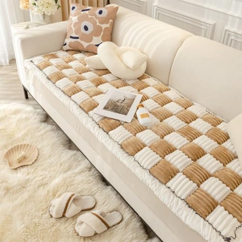 Mipopkct 楽しいふわふわペットソファカバー、クリーム色の大きなチェック柄スクエアペットマットベッドソファカバー、スーパーソフト犬ベッドカバーペットブランケットソファカーペット用(ダークカレー、50 * 50cm / 19.7 * 19.7インチ)