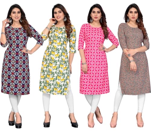 Image of JAKHANA Women's Crepe Printed Casual Straight Calf Length Round Nick Kurta Pack of 4