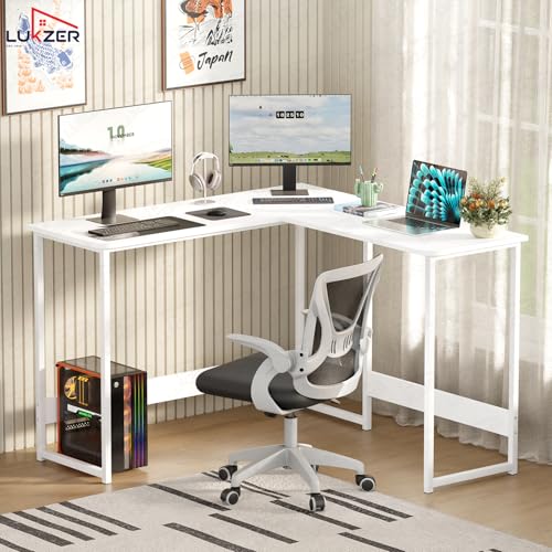 Image of Lukzer Engineered Wood L-Shaped Corner Study and Computer Laptop Table for Home or Office | MST-007 /White & White | Multi-Functional Sturdy Gaming Station and WFH Desk with Metal Frame