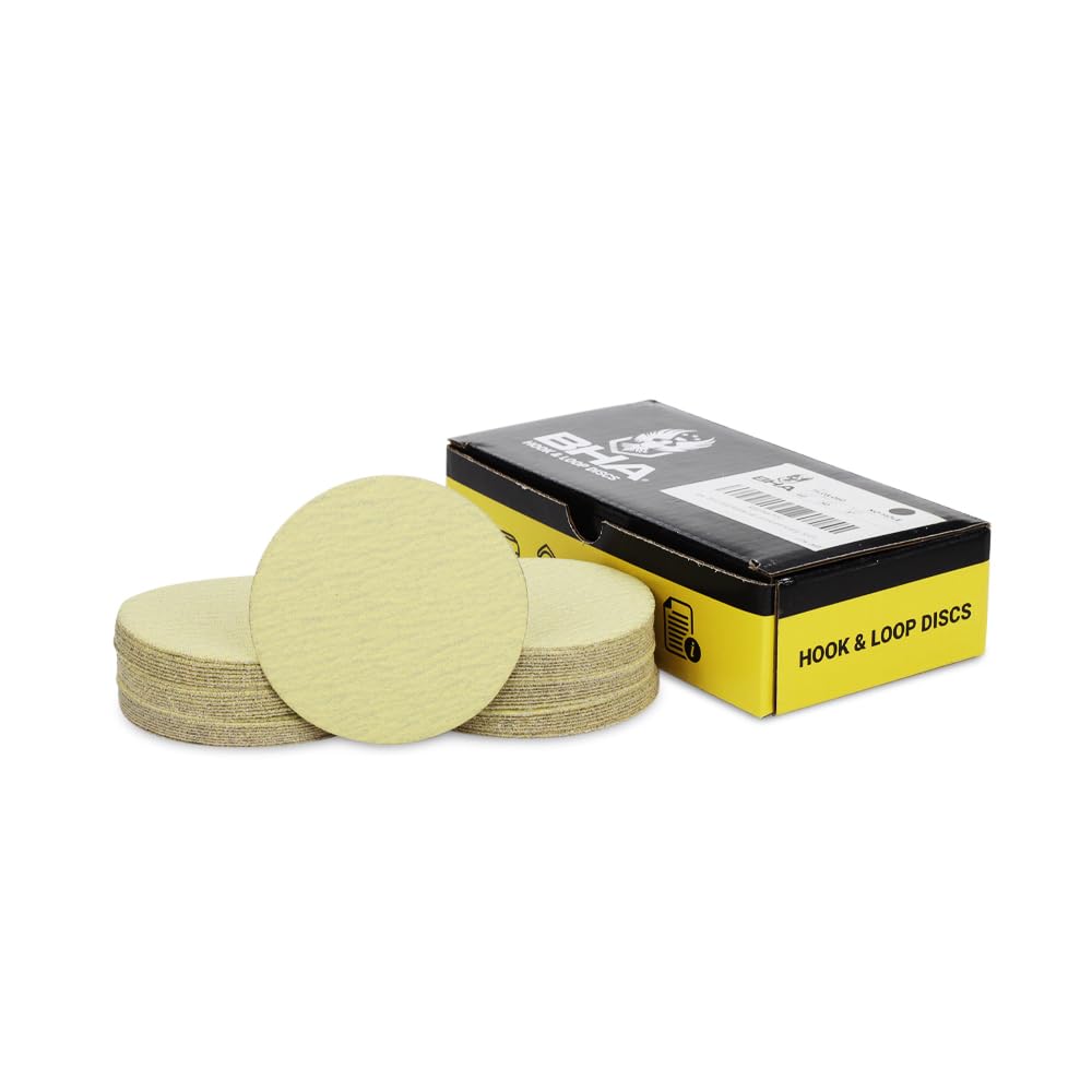 BHA 3" Gold Hook & Loop Sanding Discs, 50-Pack - Aluminum Oxide with Gold Stearate Coating for Load Resistance - for Woodworking, Automotive, Metalwork, and General Sanding - 220 Grit