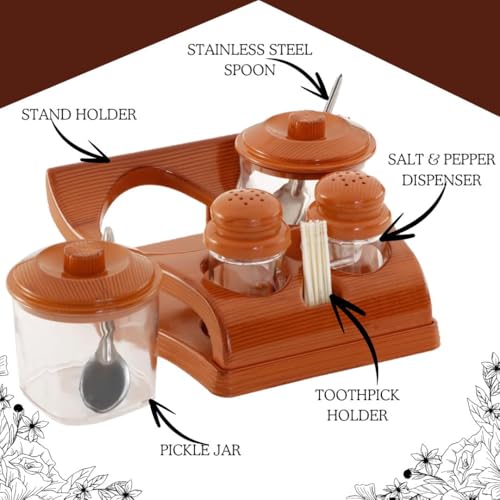 Image of Nabhya Complete Dining Table Set of Pickle Jars, Salt and Pepper Dispenser, Toothpick Holder and Spoon Holder(Wooden Look Design, Plastic) (Hi-Choice)