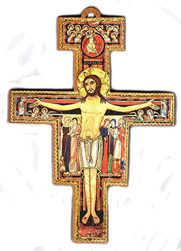 Kustom Art Crucifijo San Damiano sobre madera multicapa. Impresión láser barnizada. Acabado nogal antiguo. Artesanía italiana. De pared (17 x 12,5 x 1)