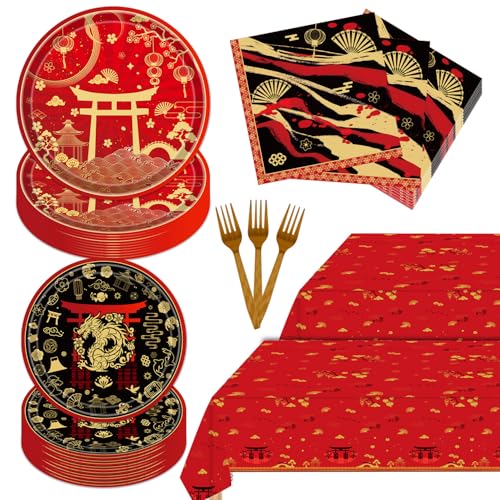Lovarywow Hibachi Birthday Party Decorations 98PCS Hibachi Party Plates Napkins Forks Tablecloth Tableware Set Disposable Japanese Style Chinese Asian Birthday Baby Shower Supplies Decor