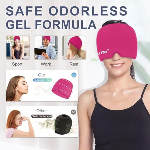 Image of EXQUISLIFE Migraine Headache Relief Cap, Gel Ice Head Wrap, Hot and Cold Therapy, Headache Eyes Mask for Sinus, Puffy Eyes, Tension and Stress Relief (Hot Pink)