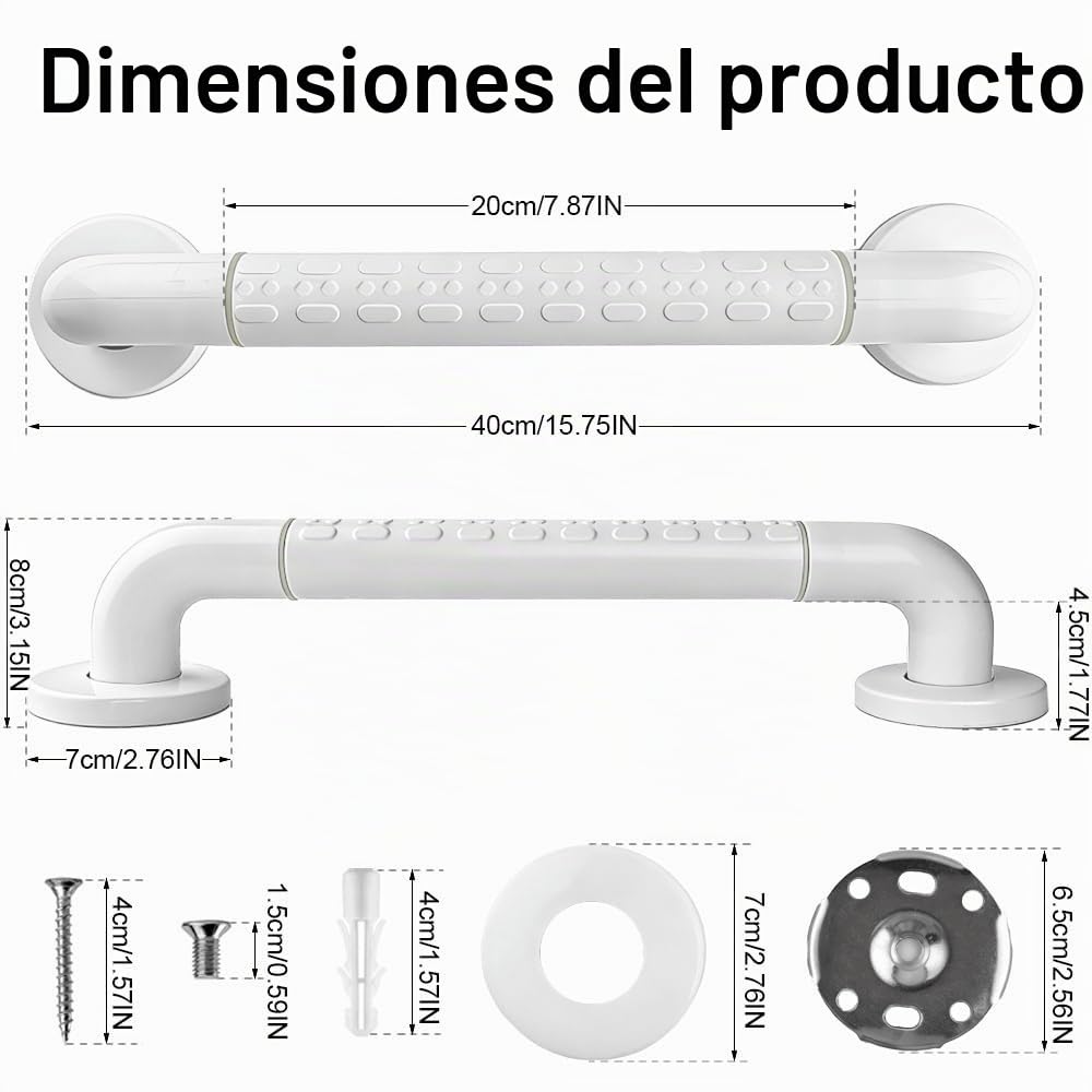 Agarraderas Baño para Mayores 40cm Asidero Ducha Antideslizante Acero Inoxidable Barra ​Agarrador Ducha Personas Mayores Barras de Apoyo para Baño Blancas