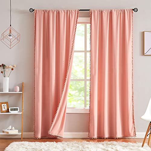 Treatmentex Pompom Pink Velvet Curtains for Living Room 84 inches Long Blush Pink Room Darkening Curtains Window Draperies for Girl's Bedroom 2pk Coral