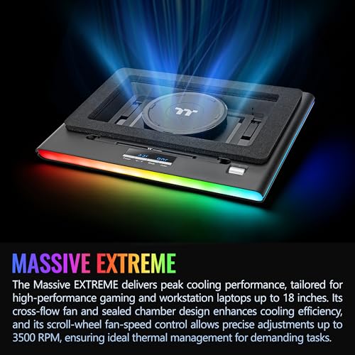 Image of Thermaltake Massive EXTREME Notebook Cooler; Laptop up to 18in; 800~3500 RPM; 48.5 CFM; 120mm Cross Flow Fan; Ambient Temp Sensor; PWM Scroll Wheel; 2 Stage Height & Angle Adjustment; CL-N023-PL12SW-B