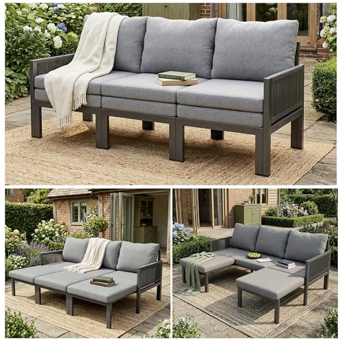Merax Outdoorsofa 3-Sitzer, multifunktionales Gartenmöbel-Set mit ausziehbarer Liegefläche, spritzwassergeschütztes Gewebe, verzinkter Stahlrahmen, verwandelbar in Liegesessel, Grau