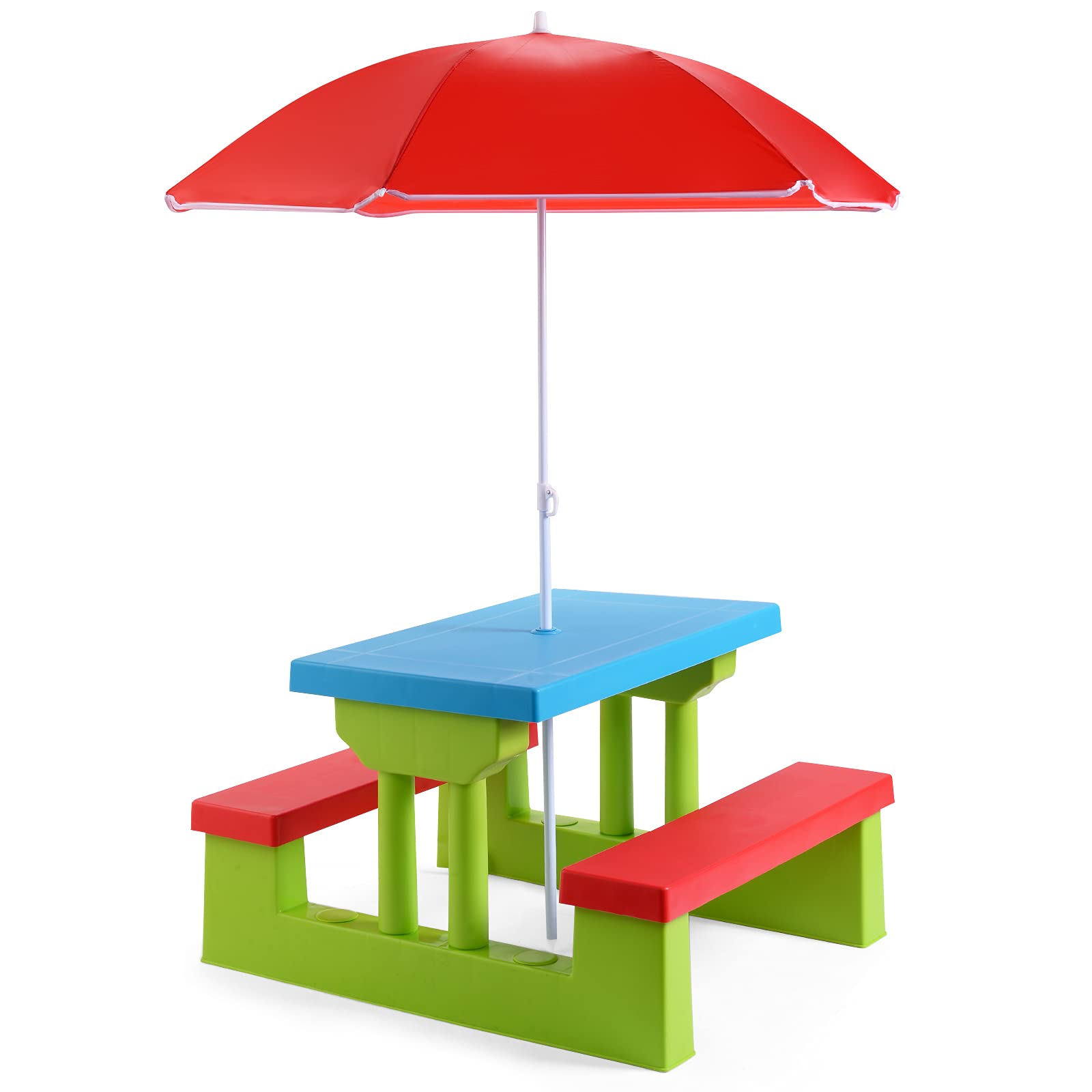 GLACER Kids Picnic Table, Portable Kids Outdoor Furniture w/Removable & Adjustable Umbrella, Plastic Bench Set, Gift for Boys Girls 3+, Toddler Picnic