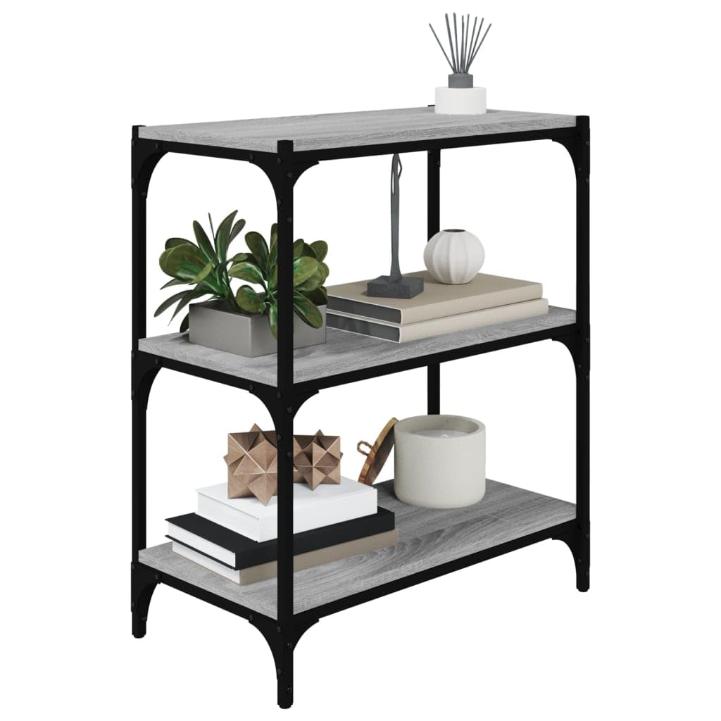 Bücherregal Grau Sonoma aus Holzwerkstoff und Stahl 60x33x70,5 cm mit 3 Ablagen Stauraum und Ablagefläche als Regal für Wohnzimmer, Büro, Schlafzimmer, modernes Regalsystem