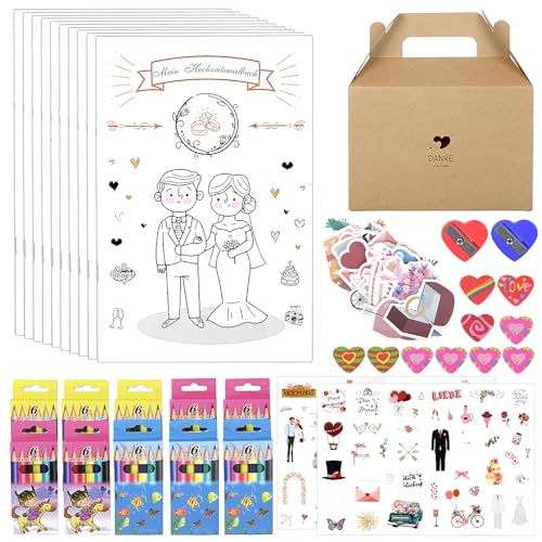 CIOXSOIO Conjunto de 10 livros para colorir de casamento, livro para colorir de casamento com autocolantes e caixa de presente, presentes de casamento