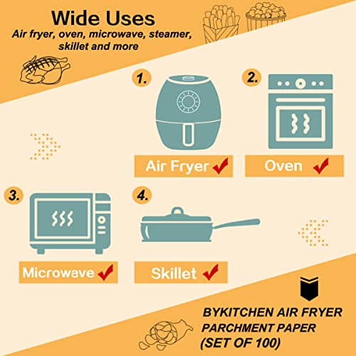 Image of BYKITCHEN Square Air Fryer Parchment Paper, Set of 100, 6.5 Inch Square Airfryer Liners, Air Fryer Filter Paper, Compatible with Corsori, Ninja, Chefman Airfryer and More