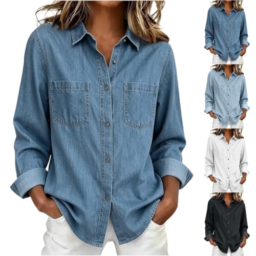 Denim Shirt Women Long Sleeve Loose Fit Button Down Collared Jean Blouse | Denim Tops For Women Relaxed Long Sleeve Blouse Fall Top With Pockets Work, Business Casual, Vacation, Beach, Resort - image 1