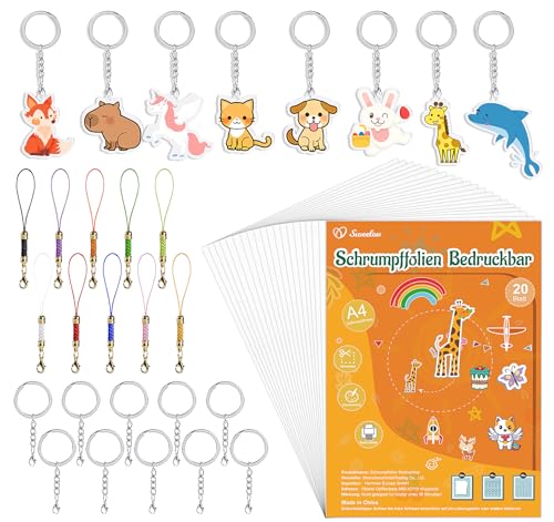 Sweelov 40 Stück Schrumpffolie Set-A4 Schrumpffolie Bedruckbar zum Basteln mit Blank Schrumpfplastik, Schlüsselbundzubehör für DIY Handwerk Dekorationen