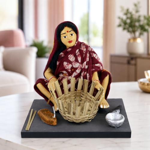 Image of Krishnanagar Handmade Clay Woman Basket Maker Miniature Idol | Basic Terracotta Sitting Human Figurine | Traditional Indian Home Decor & Gift Showpiece
