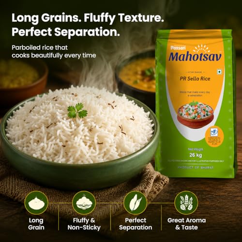 Image of Mahotsav PR Sella Rice 26 Kg - Premium Parboiled Long Grain Rice, Fortified with Vitamins & Minerals, Ideal for Everyday & Festive Meals