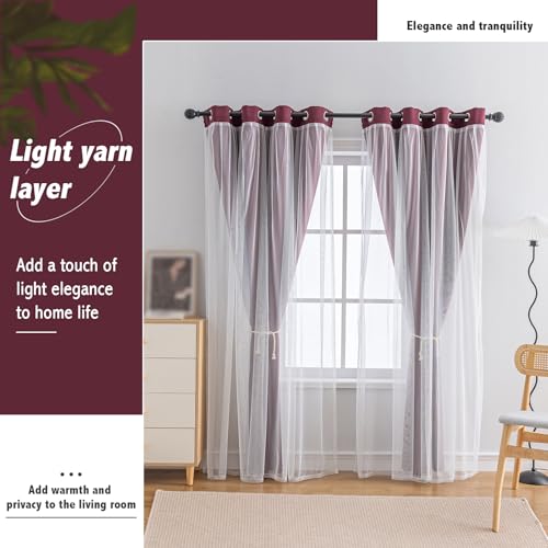 Image of Anytime Double Layer Blackout Curtains 2 Panels,52Wx95L,Wine Red | Sheer And Fabric Window Drapes Grommet Top Solid Color Bedroom Living Room Home Decor