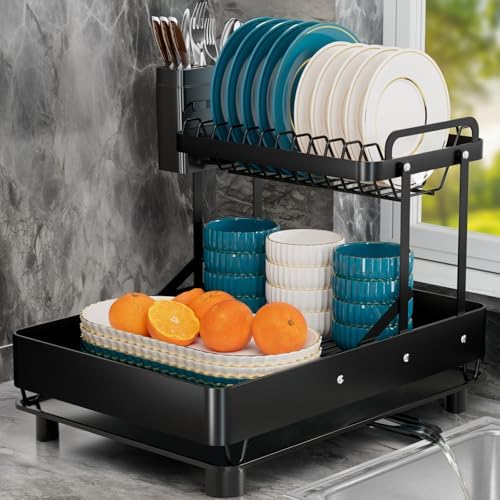 2-Tier Stainless Steel Dish Drying Rack With Utensil Holder And Drip Tray Black Dish Drainer P 59948384