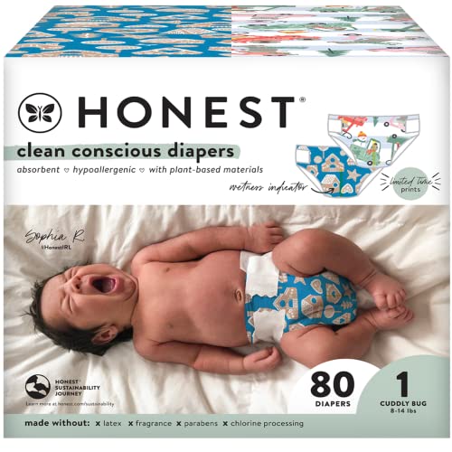 Image of The Honest Company Clean Conscious Diapers | Plant-Based, Sustainable | Holiday '22 Prints | Club Box, Size 1 (8-14 lbs), 80 Count