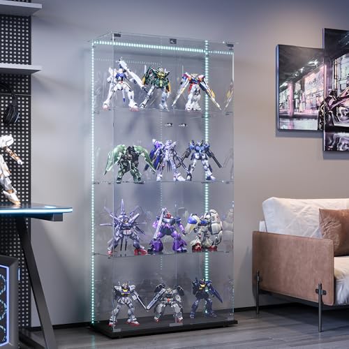BPKADHY Vitrine en verre avec LED, moderne armoire en verre pour collectionneurs pour pièces de collection, livres, vin, 4 étagères en verre et 2 portes...