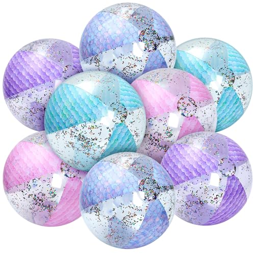 Mermaid Beach Ball 16 Inch Jumbo Inflatable Beach Ball Glitter Beach Ball Mermaid Party Favors Mermaid Pool Toys with Inflator for Mermaid Party Games Swimming Pool Water Birthday Sea Favor(8 Pcs)