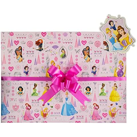 Disney Princess, Gift Wrap Pack, 2 Wrapping Sheets, 2 Matching Tags and 2 Cerise Pull Bows, Packaged in an A4 Boarded Envelope for Protection, Gift Present Girl Birthday Cover