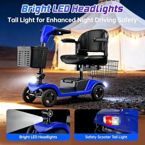 Image of Mobility Scooter,Removable Battery,Suitable for All Terrains-Blue | 28 Miles Travel,300 lbs Capacity,Quick-Assembly, Features Rotating Seat,300W Motor,Dual Baskets and Rear Tail Lights