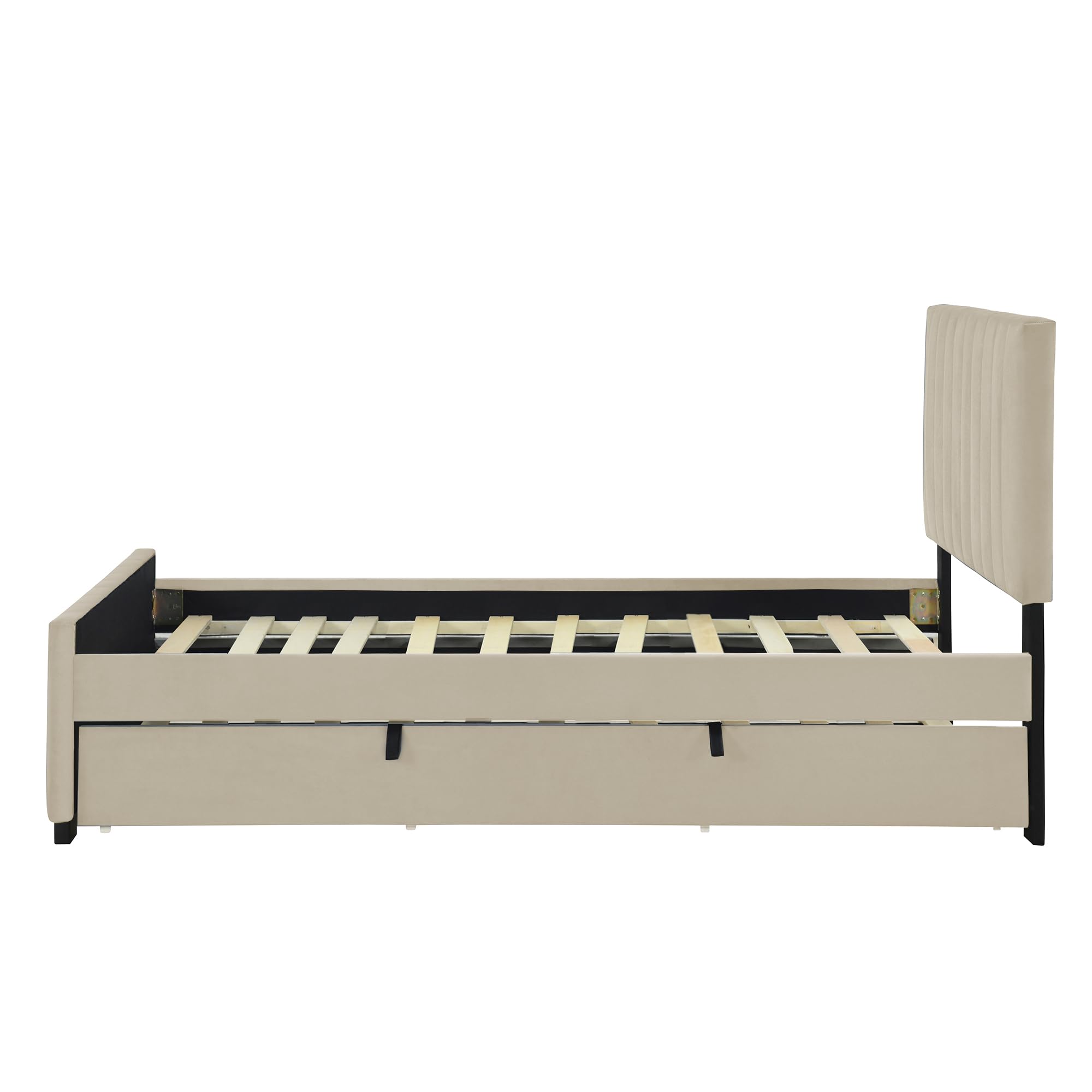 Letto singolo imbottito 90 x 200 cm, letto per ragazzi, struttura con rete a doghe e letto estraibile, letto per gli ospiti, lettino per bambini, tessuto di velluto, senza materasso (beige)