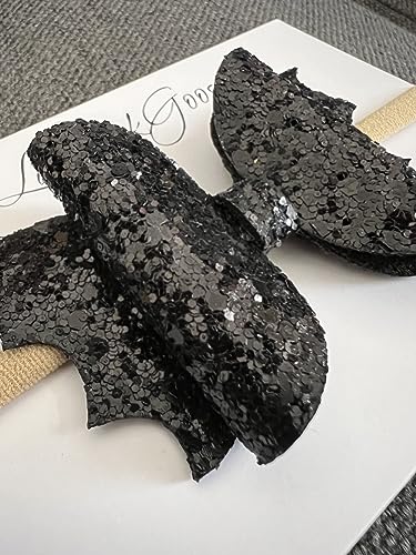 Halloween Black Glitter Bat Bow Headbands for Baby Girls and Toddlers (Khaki Nylon Band)4