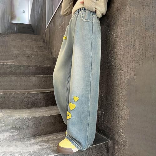Girl's Bow Embroidered Baggy Jeans Elastic Wasit Wide Leg Denim Pant Casual Cute Y2K Streetwear Trouser with Pocket4