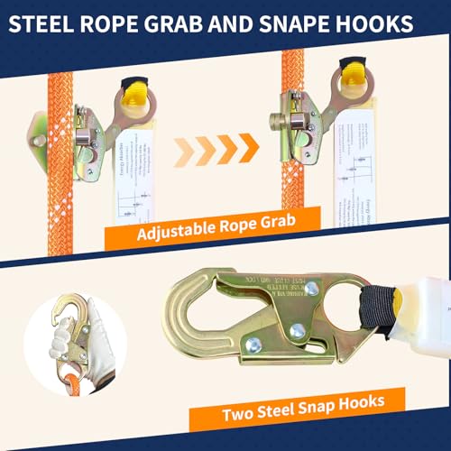 Image of Fall Protection Safety Rope 50FT, Heavy Duty Vertical Lifeline Assembly with Grab Snap Hooks Shock Absorber, Safety Lanyard for Roofing Tree Climbing Construction
