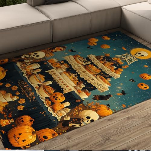 死者の日の装飾 180x250cm エリアラグヴィンテージスタイルのカボチャとスケルトンパターンフロアマットリビングルームバルコニー用の居心地の良い薄いカーペット